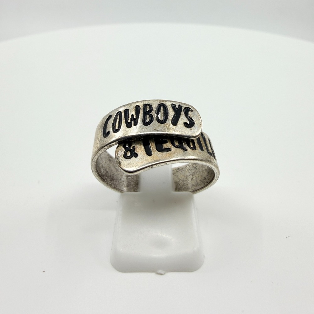 Vintage Western Silver Tone Cowboys & Tequila Wrap Spoon Ring Country Boho
